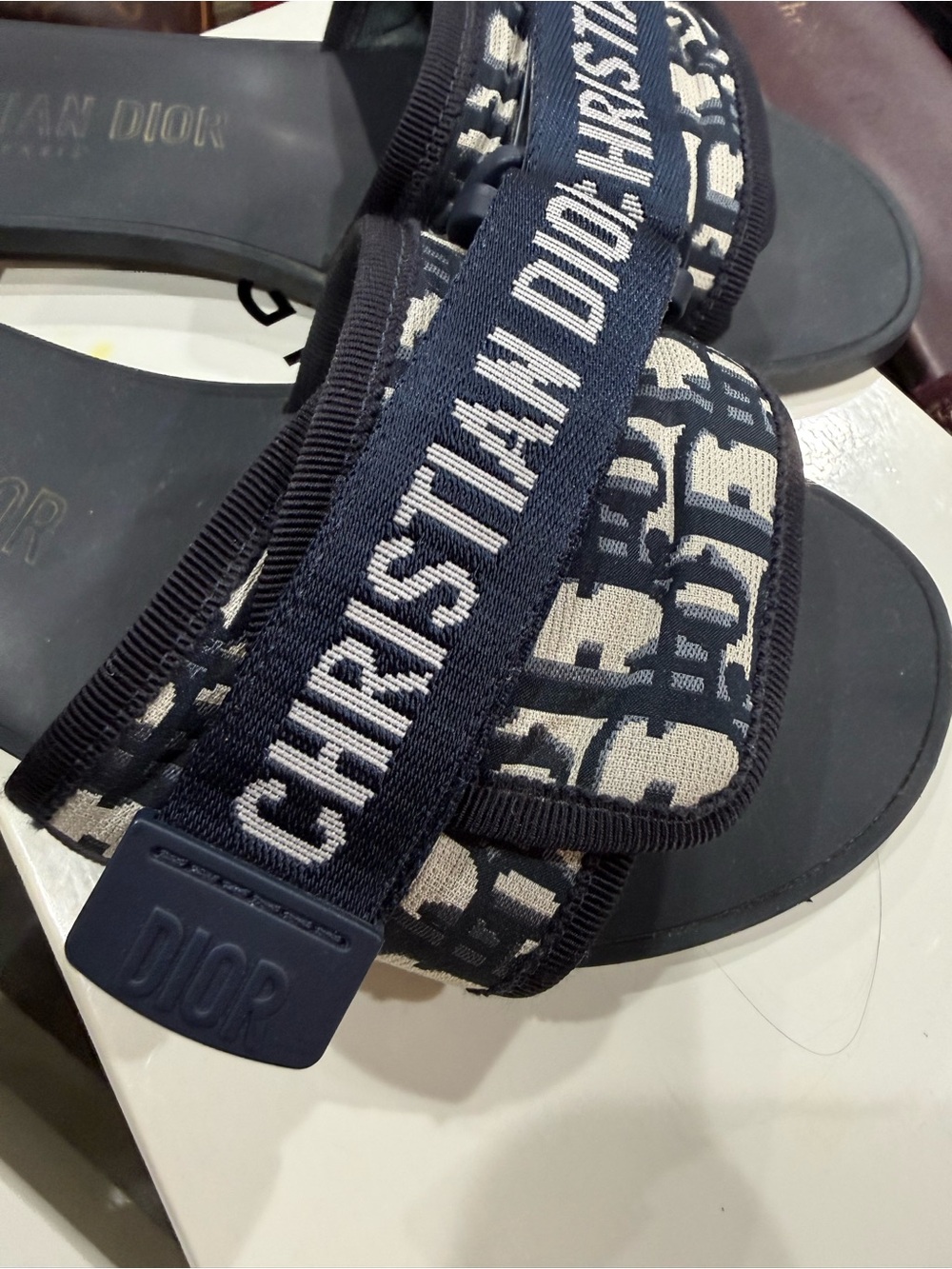 Dior Navy and Ivory Christian Dior Logo Canvas Slide Sandals